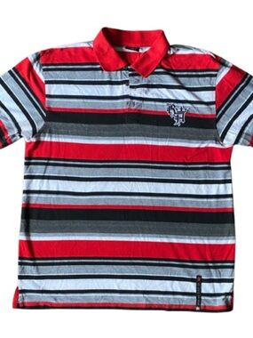 RED APE Men's Red, Black & White Striped Polo Shirt with Chest Emblem Size XL